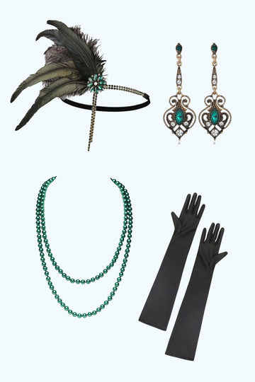 Conjuntos de accesorios de fiesta verdes de cuatro piezas de la década de 1920